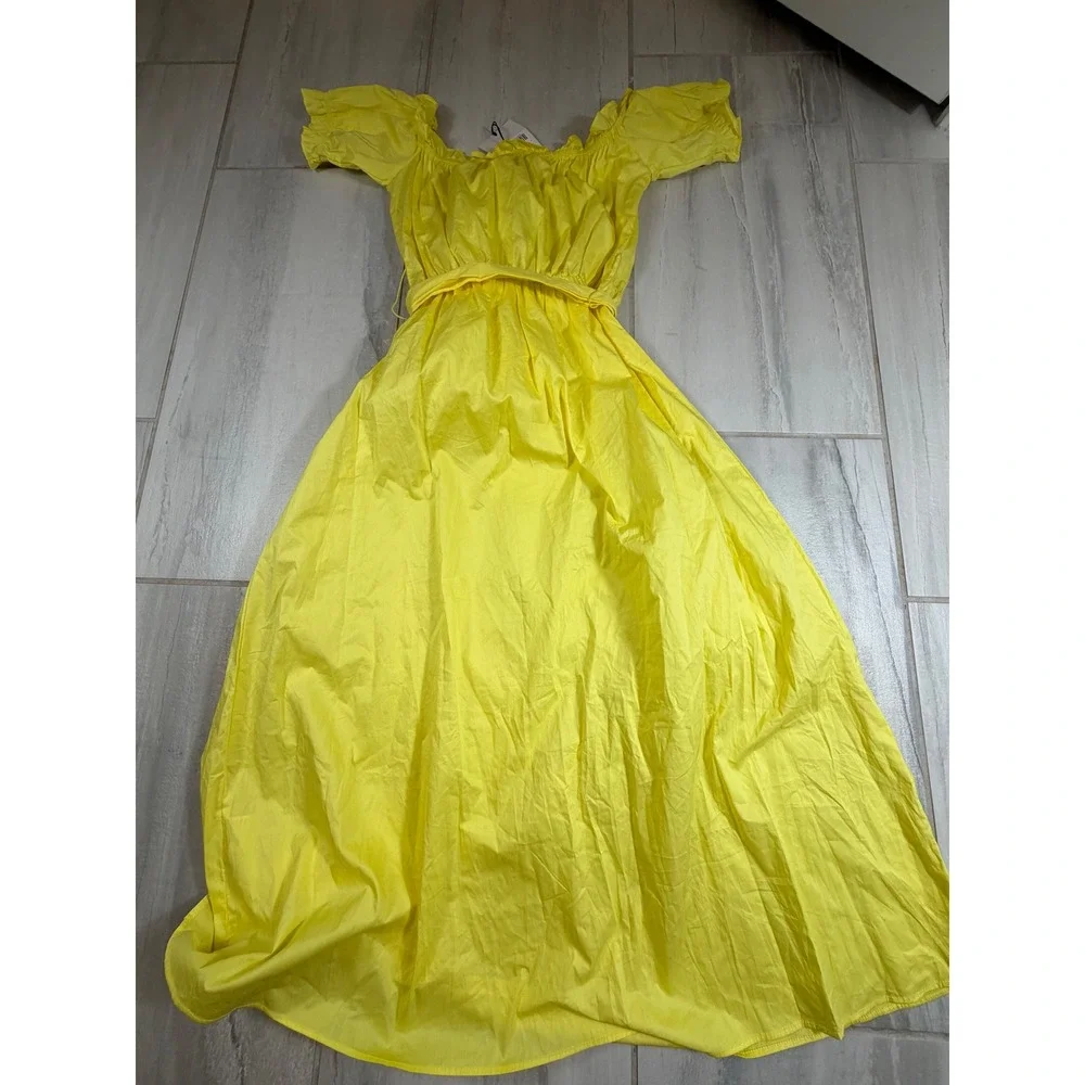 Glamorous Yellow Off Shoulder Cotton Midi Dress with Tie Belt Size 8 NWT